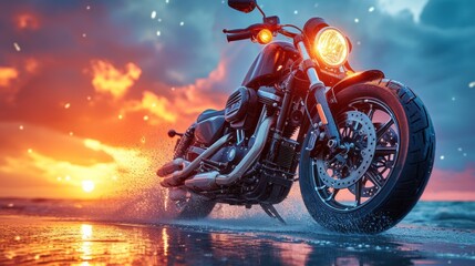 a motorcycle parked on the beach with a bright light on it's headlight and water splashing around it. - obrazy, fototapety, plakaty