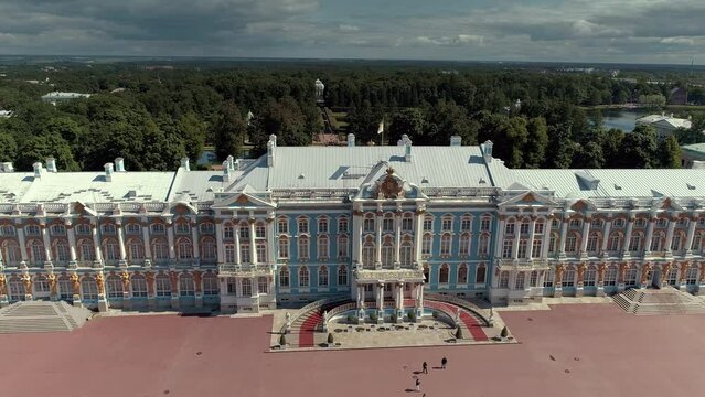 SAINT-PETERSBURG, RUSSIA - JUNE, 2023: Aerial drone view of Catherine palace and Catherine park in Pushkin. Beautiful baroque architecture landmark from above.
