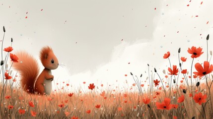 a painting of a squirrel in a field of poppies with a sky in the background and clouds in the sky.