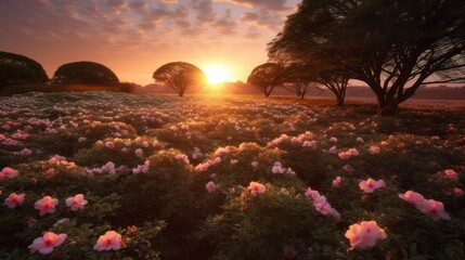 landscape view of sunset in a Camellia field