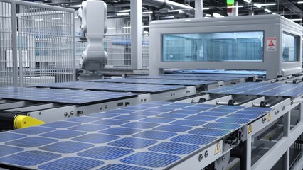 Robot arms in cutting edge solar panel warehouse handling photovoltaic modules on large assembly...