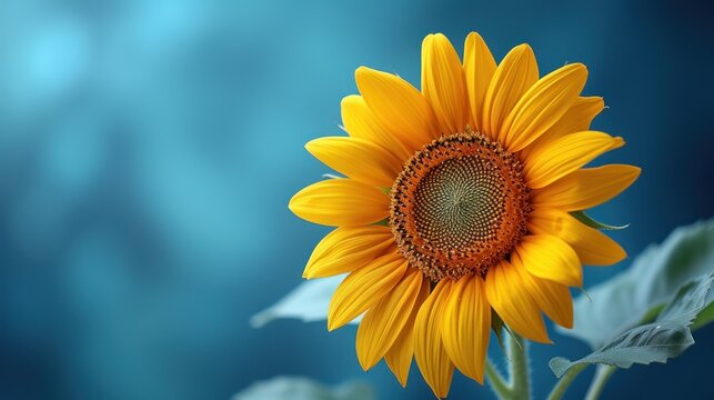 a close up of a yellow sunflower on a blue background with a blurry image of the sun in the background.