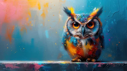 Papier Peint photo Dessins animés de hibou a painting of an owl sitting on a ledge in front of a painting of an orange, yellow and blue owl.