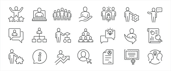 Business management simple minimal thin line icons. Related teamwork, assesment, development, employment. Editable stroke. Vector illustration.

