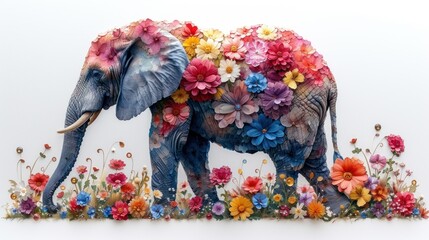 a painting of an elephant with flowers on it's body and tusks on it's back.