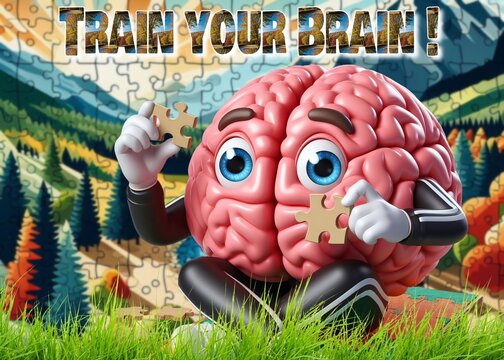 Train your brain, a metaphorical image where a brain trains itself by putting together a puzzle