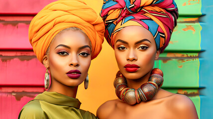 Mulatto beauties in vintage style, red lips, African turbans, large earrings, vibrant background.