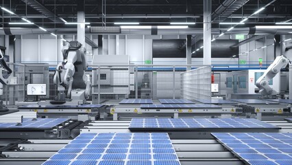 Industrial robot arms placing solar panels on large production line in modern green technology...