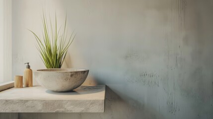 Sleek and Minimalistic Bathroom Design with Concrete Countertop and Potted Plant