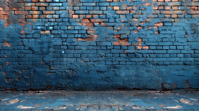 a red fire hydrant sitting in front of a blue brick wall with peeling paint on the side of it.