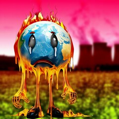 The image shows the Earth with a sad expression surrounded by fire and flames representing global warming.