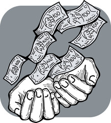 Big dollars banknotes money in your hands. Finance business, commerce, payment economy  theme for poster print, vector elements. Take or give loan. Hand drawn illustration. Cartoon style drawing.