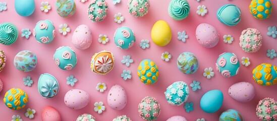 Highly decorated pastel coloured easter eggs on a pale pink background.