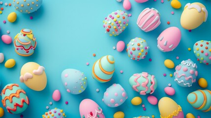 Highly decorated pastel coloured easter eggs on a pale blue background. - obrazy, fototapety, plakaty