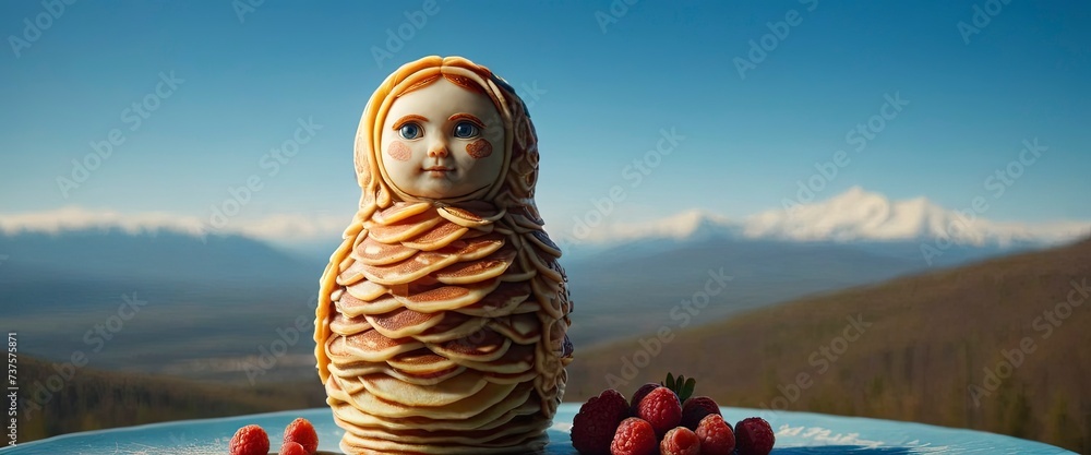 Wall mural Russian doll made of pancakes with berries on the background of mountains, matryoshka doll, Coppy space, Bannrer, poster for pancake restaurant, children's room, postcards, pancake day.