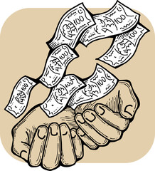 Big dollars banknotes money in your hands. Finance business, commerce, payment economy  theme for poster print, vector elements. Take or give loan. Hand drawn illustration. Cartoon style drawing.