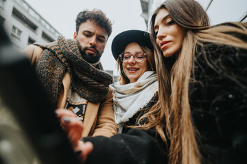 A team of young business teammates huddle over a digital tablet, collaborating on work projects outdoors on a snowy city day.
