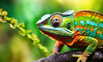 Foto op Canvas Colorful chameleon on the tree in the forest. Close up. ai generative © Turan