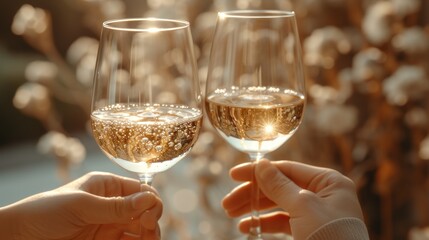 a close up of two glasses of wine being toasted by someone holding a wine glass with gold flecks. - obrazy, fototapety, plakaty