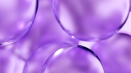Purple cosmetic serum liquid bubbles macro close-up background. Concept moisturizer essence gel and collagen fluid bubble molecules. Glossy oil droplets 3D illustration product demo backdrop wallpaper
