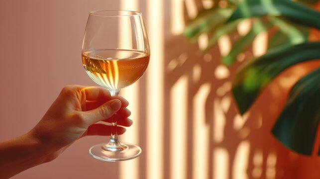 a hand holding a glass of wine in front of a window with a potted plant on the side of the window sill.