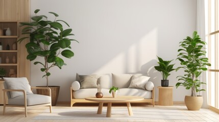 Living room a comfortable sofa wooden furniture and vibrant indoor plants for a fresh and modern atmosphere