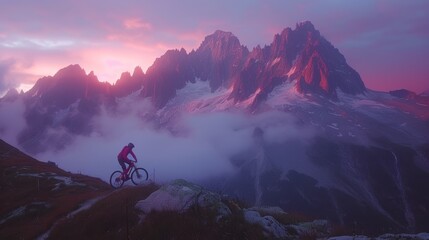 a man riding a bike up the side of a mountain in front of a foggy sky with mountains in the background.