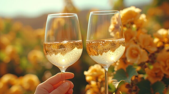 a person holding a glass of wine in front of a bunch of yellow flowers in a field of yellow flowers.