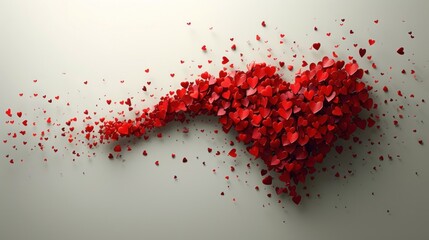 a red heart shaped piece of paper with a lot of small red hearts scattered around it on a white background.