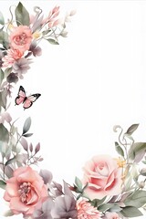 on subtle background, a blank frame with botanical garden wedding design, romantic detailed, hint of blush, beautiful, realistic, small butterfly, Glaze, 3-Dimensional, 4K, Infused, LED, Supplementay
