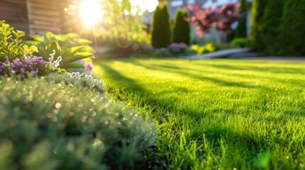 Obraz premium beautiful backyard with a lawn and beautiful flowers in a majestic sunset