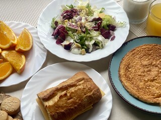 Breakfast with vegetables and fruits. Healthy eating.