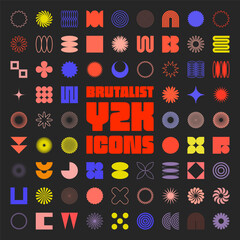 Obraz premium Brutalist geometric shapes, symbols. Simple primitive elements and forms, icons. Retro design, trendy contemporary minimalist style, y2k. Vector illustration