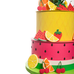 Cakes with wafer paper with lemon, orange, strawberry, cherries, mandarins and ananas
