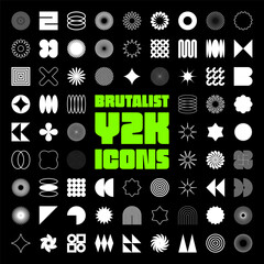 Brutalist geometric shapes, symbols. Simple primitive elements and forms, icons. Retro design, trendy contemporary minimalist style, y2k. Vector illustration.