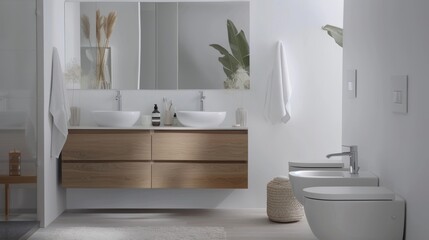 Fototapeta na wymiar Contemporary Bathroom with Floating Wooden Vanity and Minimalist Fixtures AI Generated