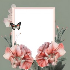 on subtle background, a blank frame with botanical garden wedding design, romantic detailed, amaryllis, beautiful, realistic, small butterfly, Glaze, 3-Dimensional, 4K, Infused, LED, Supplementary-Cl