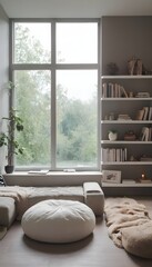 Modern home chill room interior with relax place, shelf and panoramic window