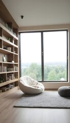 Modern home chill room interior with relax place, shelf and panoramic window