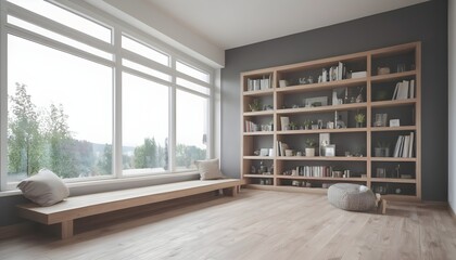 Fototapeta na wymiar Modern home chill room interior with relax place, shelf and panoramic window