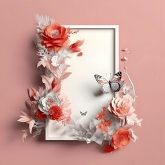 on subtle background, a blank frame with botanical garden wedding design, romantic detailed, coral, beautiful, realistic, small butterfly, Glaze, 3-Dimensional, 4K, Infused, LED, Supplementary-Color,