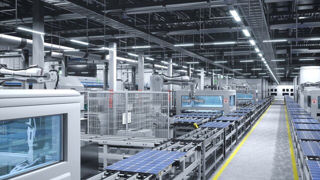 Industrial robot arms placing solar panels on large production line in modern sustainable factory. Photovoltaics being assembled on conveyor belts inside manufacturing facility, 3D render