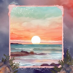 on subtle background, a blank frame border with beachside sunset wedding design, romantic detailed, serene, realistic, Glaze, 3-Dimensional, 4K, Infused, LED, Supplementary-Colors, polished watercolr