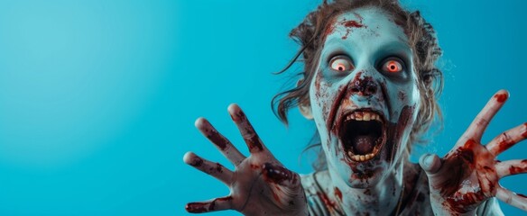 Zombie girl with striking makeup lunges forward, horror-themed, intense stare, blue background, copy space, perfect for Halloween promotions
