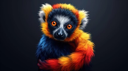 a close up of a colorful animal on a black background with an orange and yellow stripe around it's neck.