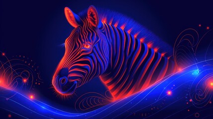 a digital painting of a zebra's head in red, blue, and purple colors on a dark background.