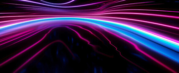 Vibrant neon lights form a flowing abstract wave, suggesting dynamic movement, energy, and futuristic technology