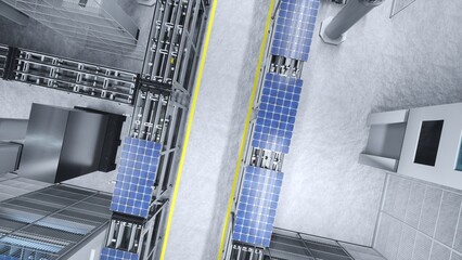 Top down view of solar panels on conveyor belts operated by high tech robot arms in modern sustainable factory. Aerial shot of PV cells in industrial automated facility, 3D rendering