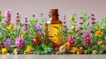 a bottle of oil sitting on top of a wooden table surrounded by wildflowers and other wildflowers.