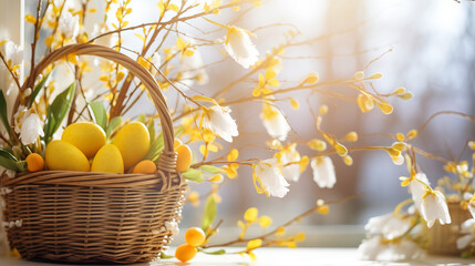 Wiosenne jasne tło na życzenia Wielkanocne. Alleluja - Wesołych świąt Wielkiej Nocy. Jajka, kwiaty i inne wiosenne dekoracje. - obrazy, fototapety, plakaty